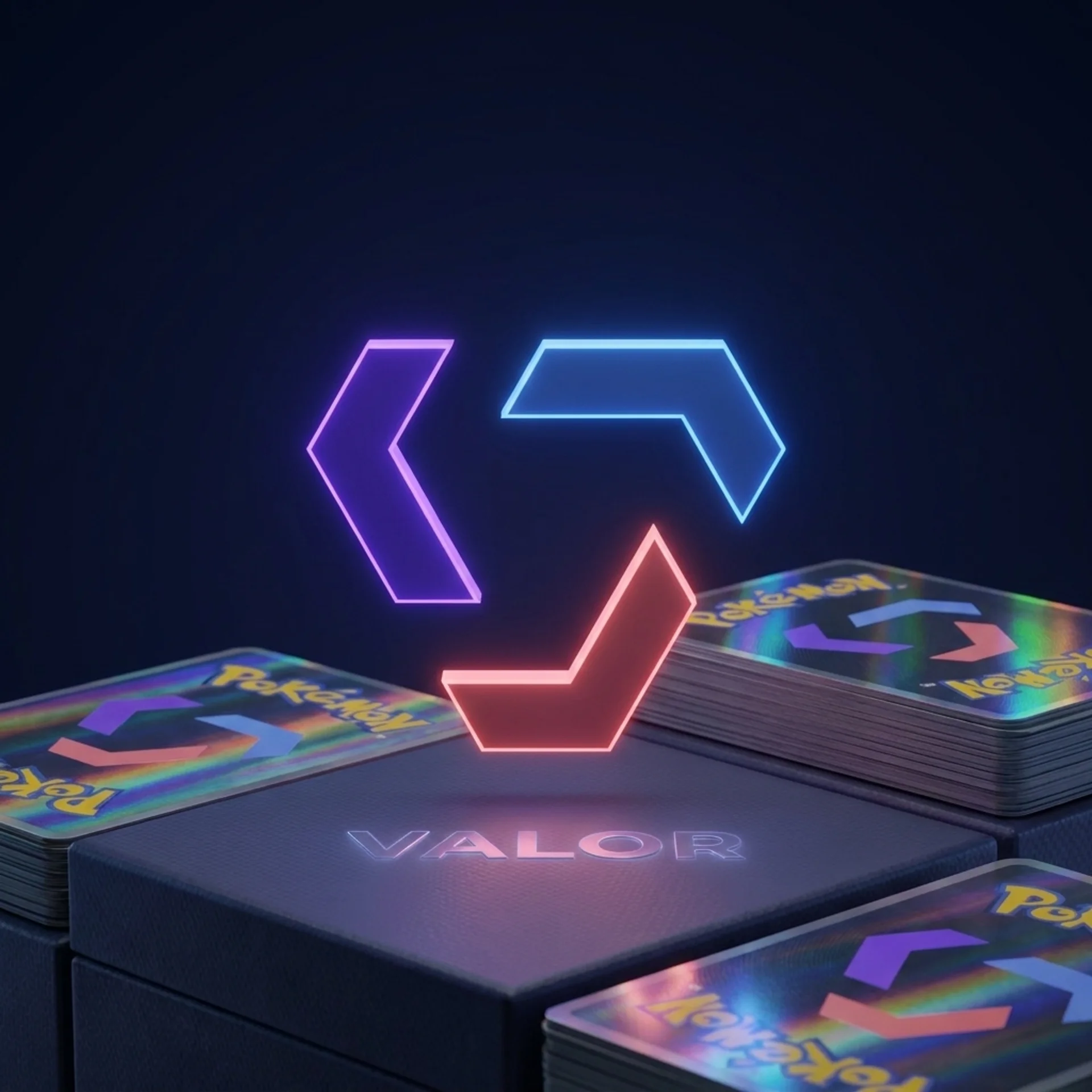 Valor neon logo hovering over holographic Pokémon card stacks